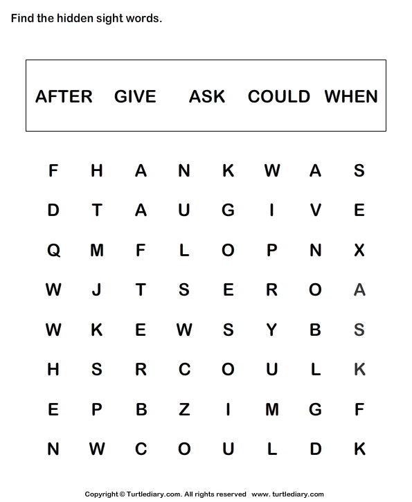 Sight Word Crossword After Give Ask Could When Worksheet
