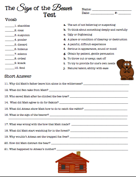 Sign Of The Beaver Free Printable Novel Study And Test!