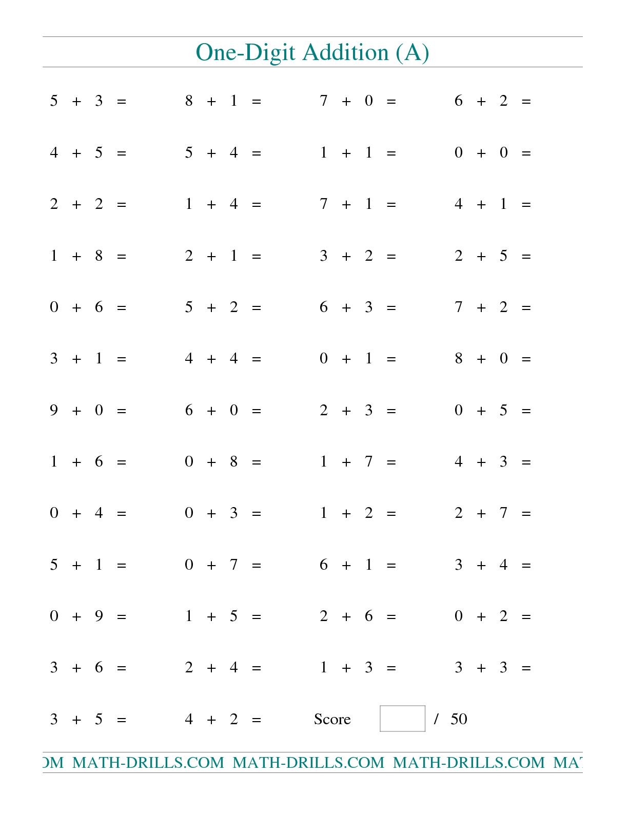 Single Digit Addition 50 Horizontal Questions A Worksheets With