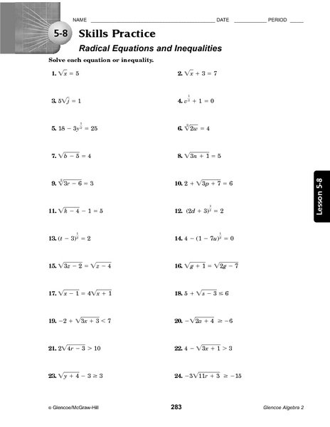 Solving Radical Equations Worksheet Solving Radical Equations