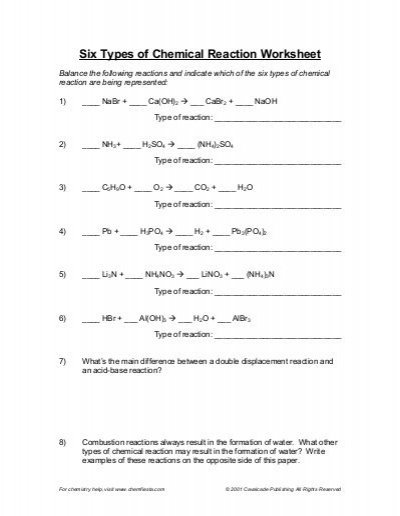 Types Of Chemical Reactions Worksheet Answers Six Types Of