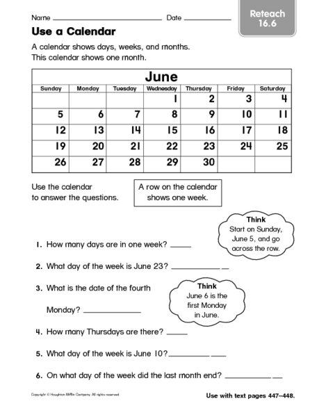 Using A Calendar Worksheet Year 5
