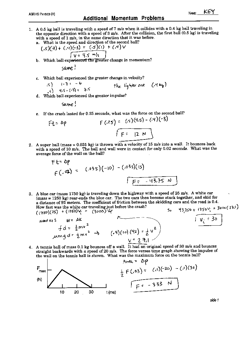 Worksheet Conservation Of Momentum