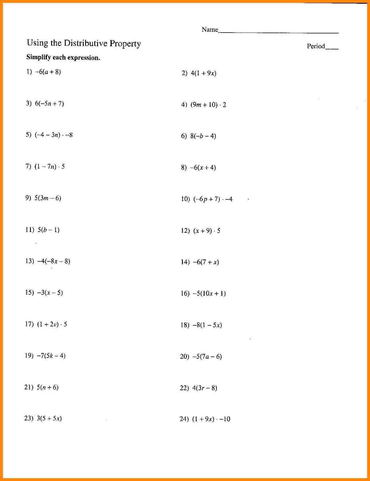Worksheet Distributive Property Equations