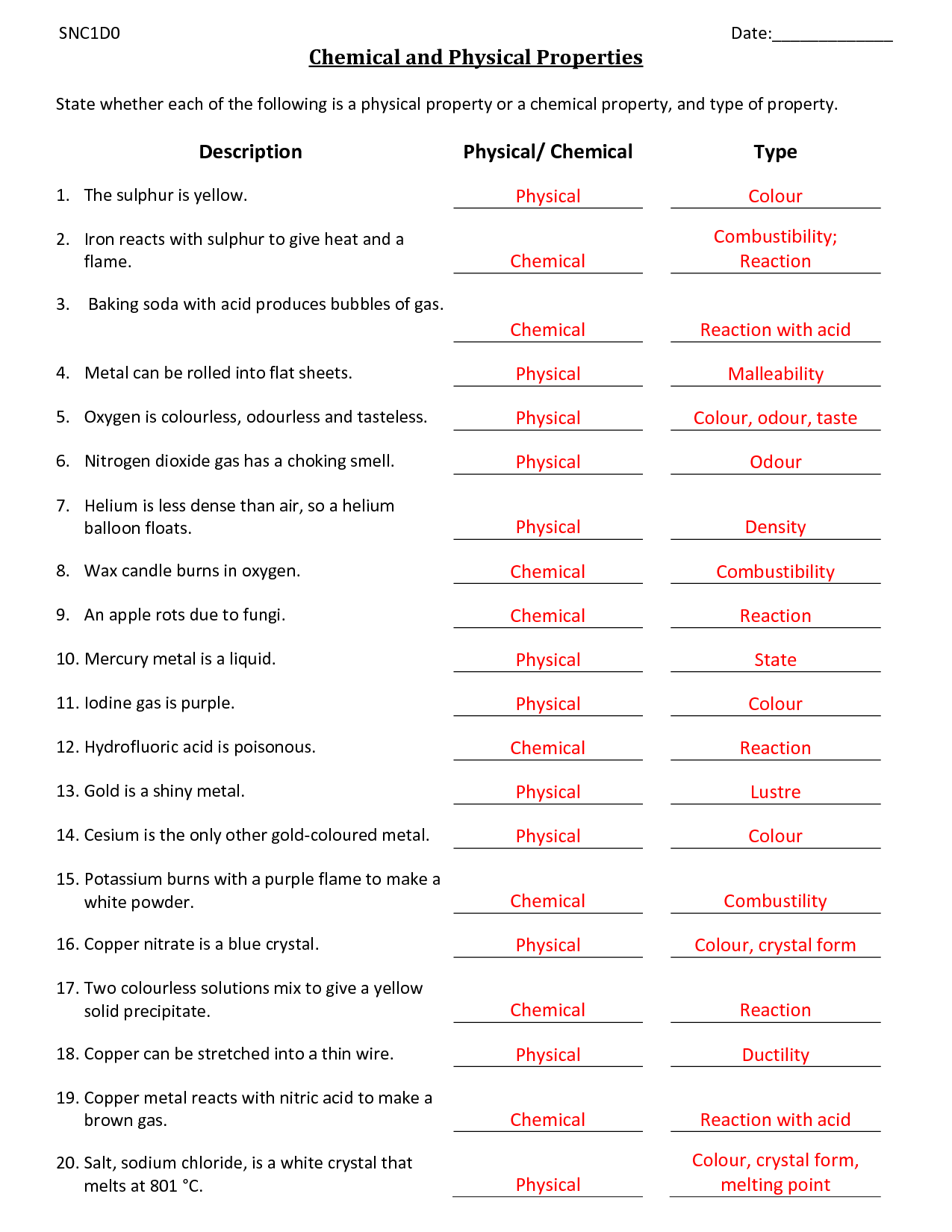 Worksheet On Chemical Vs Physical Properties And Changes Answer