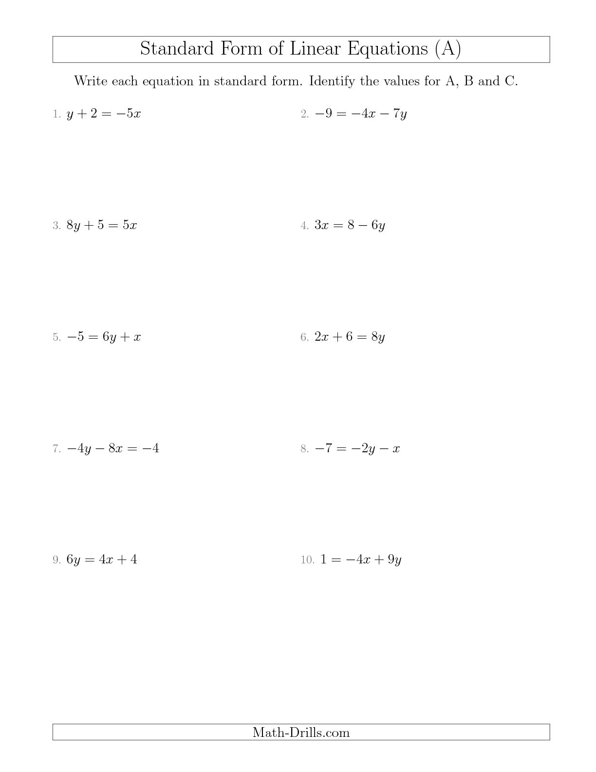 Writing Equations In Standard Form Worksheet The Best Worksheets