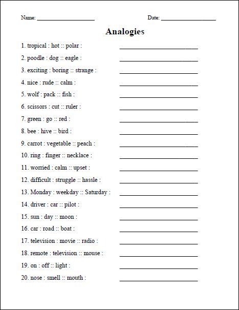 Analogy Worksheets For High School Pdf