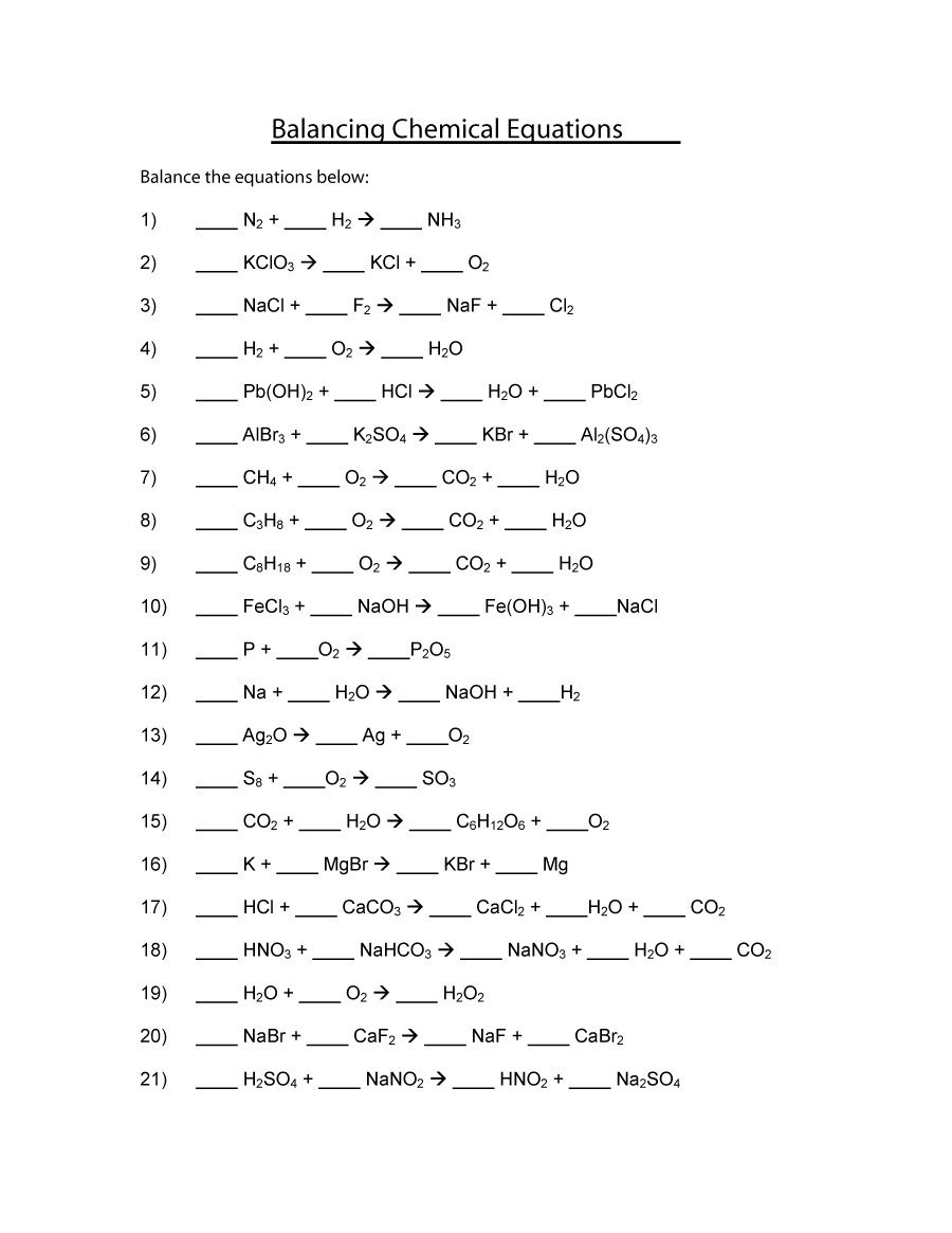 Balancing Chemical Equations Interactive Worksheet