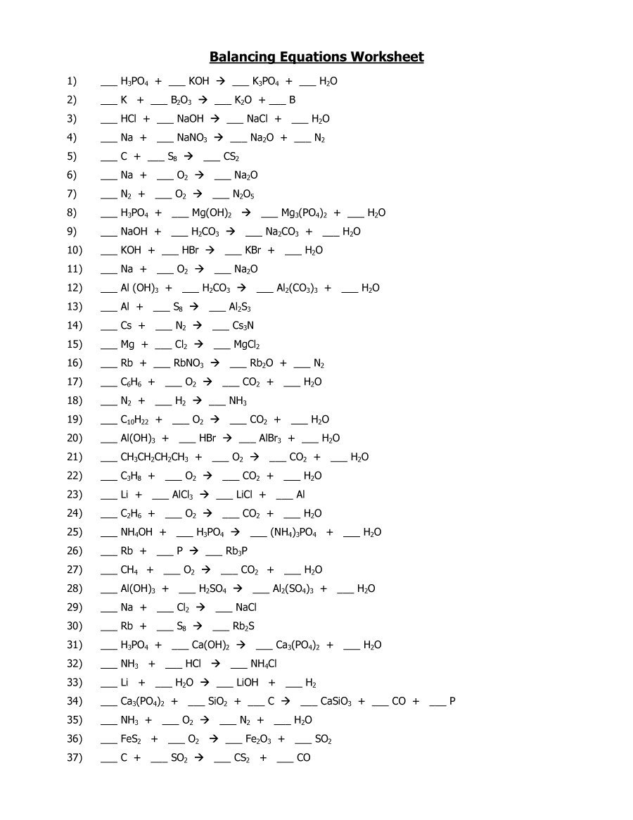 Balancing Chemical Equations Worksheet 1 Answer Key Balancing