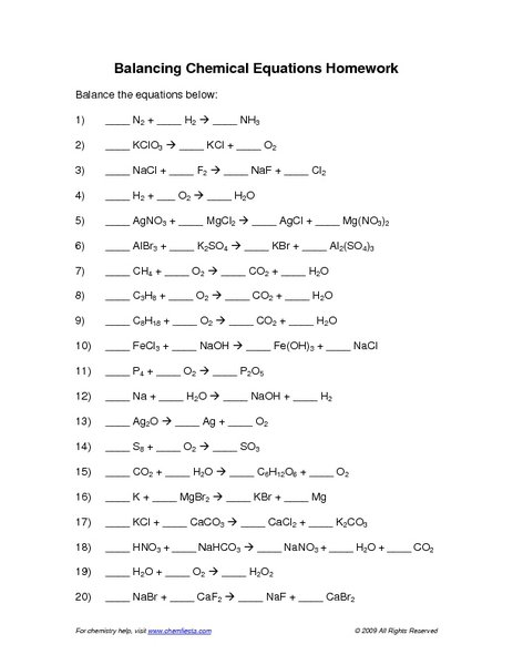 Balancing Chemical Equations Worksheet Answers Balancing Chemical
