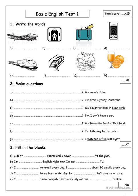 Basic English Test 1 Worksheet