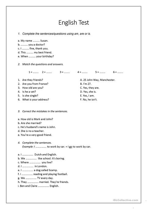 Beginner English Test Worksheet