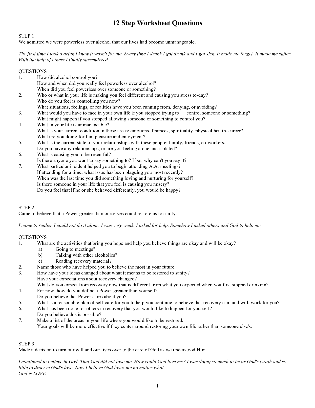 Aa step 2 worksheets