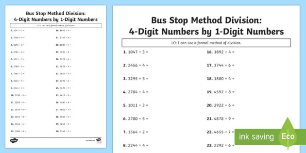 Bus Stop Method Formal Division Of 4 Digit Numbers Worksheet