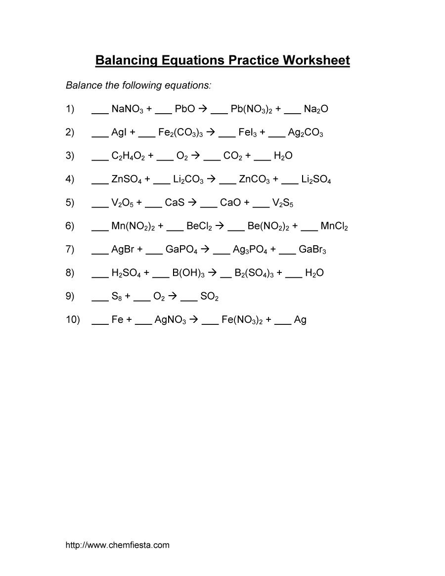 Chemical Equations Worksheet