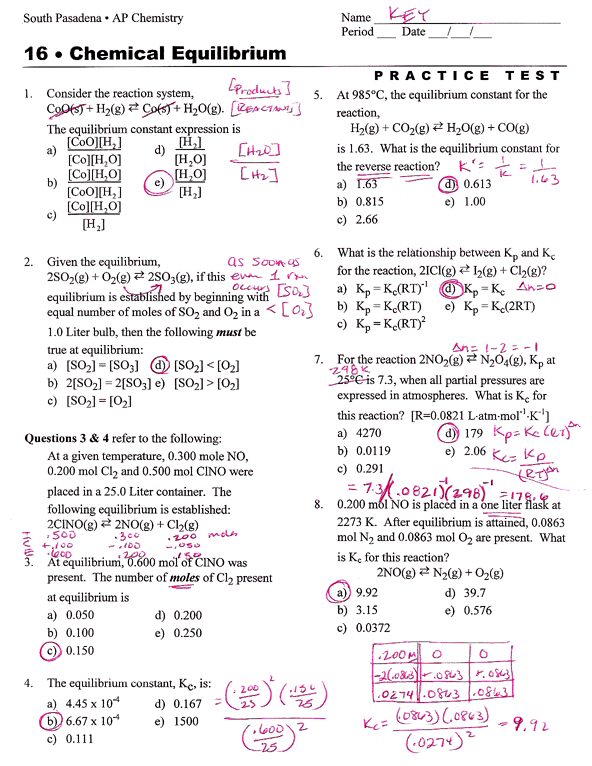 Chemical Equilibrium Worksheet Answers