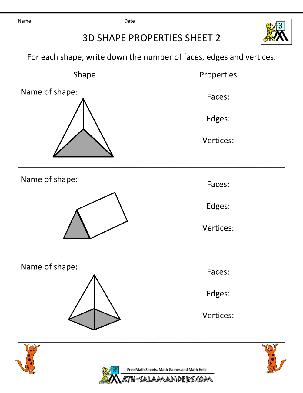 Collection Of Math Worksheets For Grade 2 3d Shapes