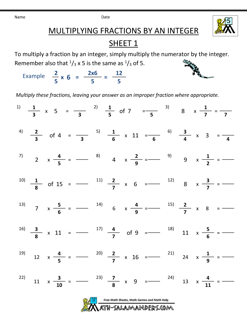 Collection Of Maths Worksheets On Fractions For Class 5