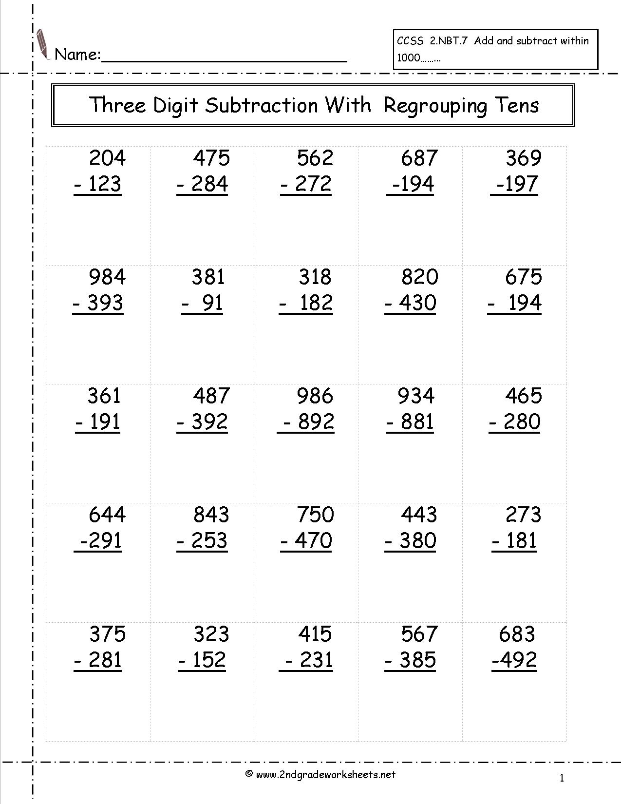 Collection Of Three Digit Subtraction With Regrouping Worksheets