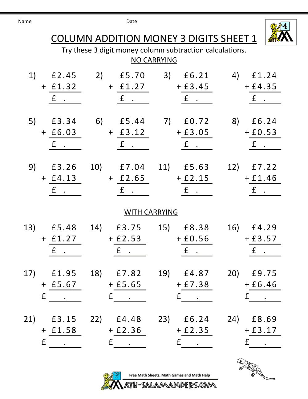 Column Addition Worksheets For Year The Best Worksheets Image