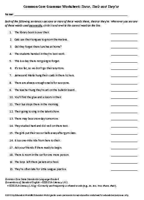 Common Core Grammar Worksheet  There, Their And They're