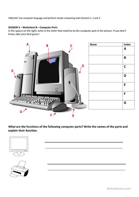 Computer Parts And Their Functions Worksheet