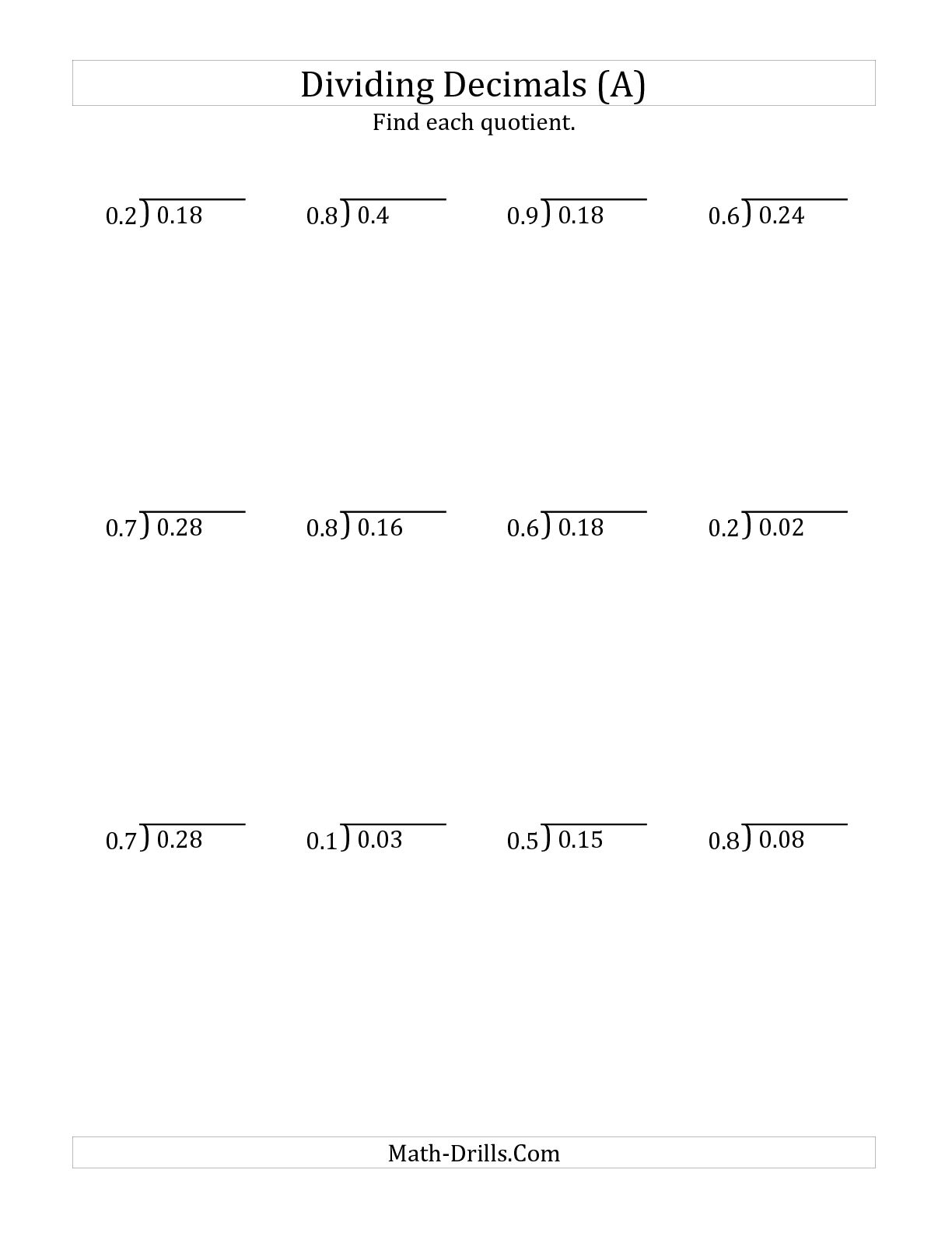 Decimal Worksheets Dividing Decimals By Whole Numbers Worksheet Free
