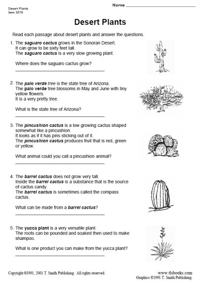 Desert Plants Reading Comprehension Worksheet
