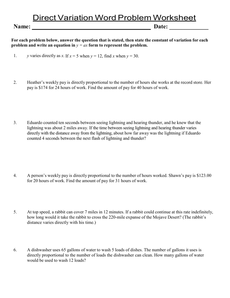 Direct Variation Worksheet