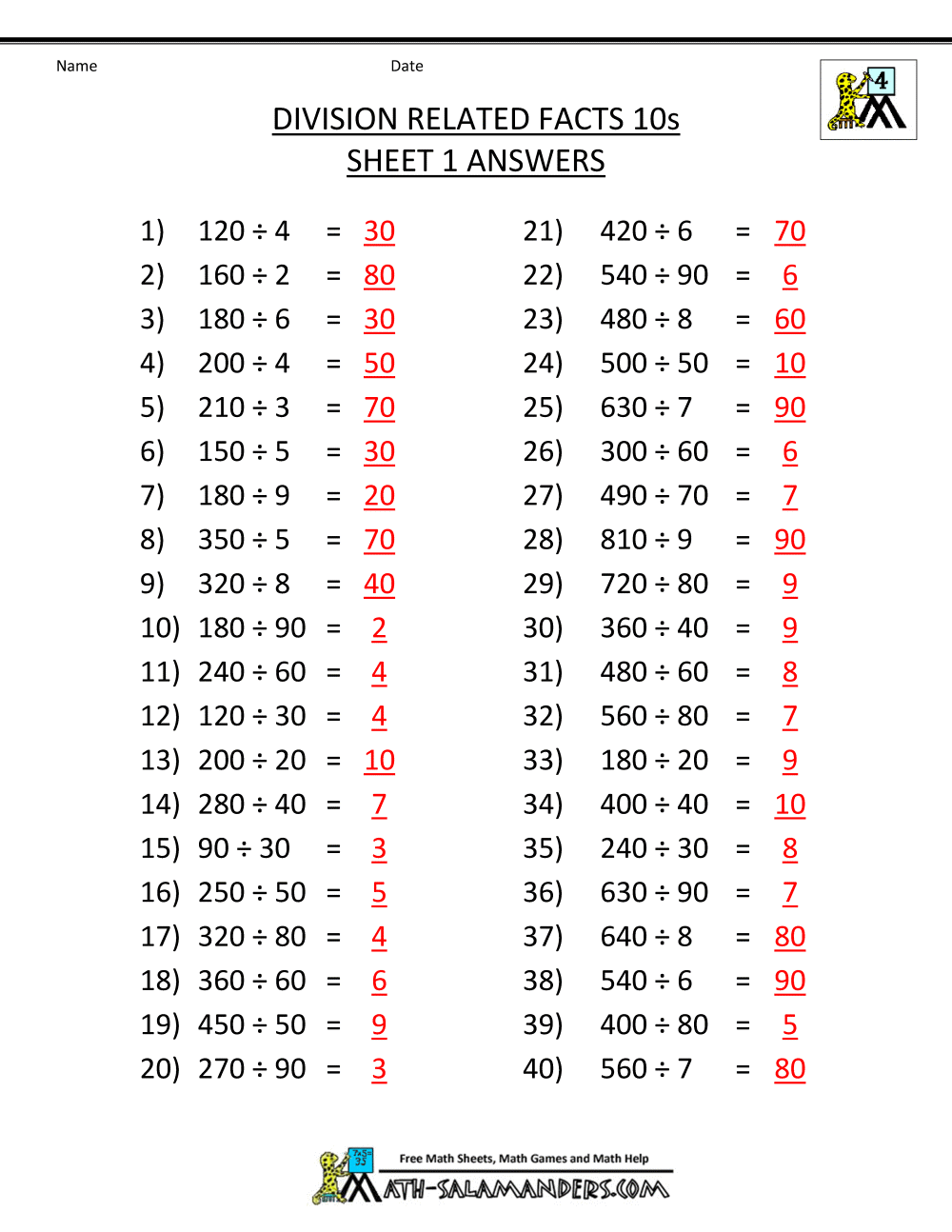 Division Worksheets Grade 4 With Answers 794856