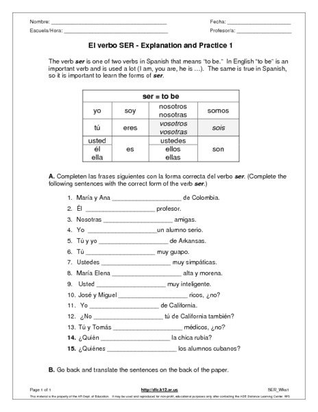 El Verbo Ser Worksheets Answers