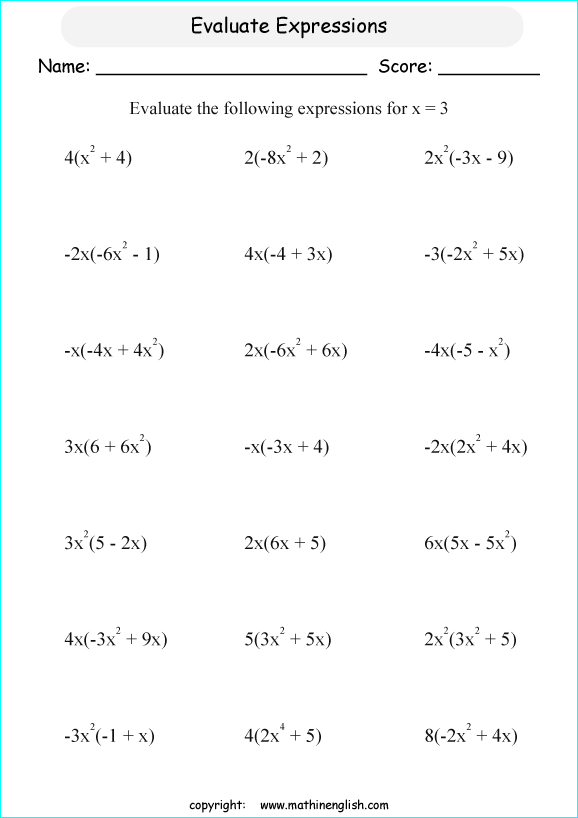 Evaluating Expressions Worksheet Evaluating Algebraic Expressions