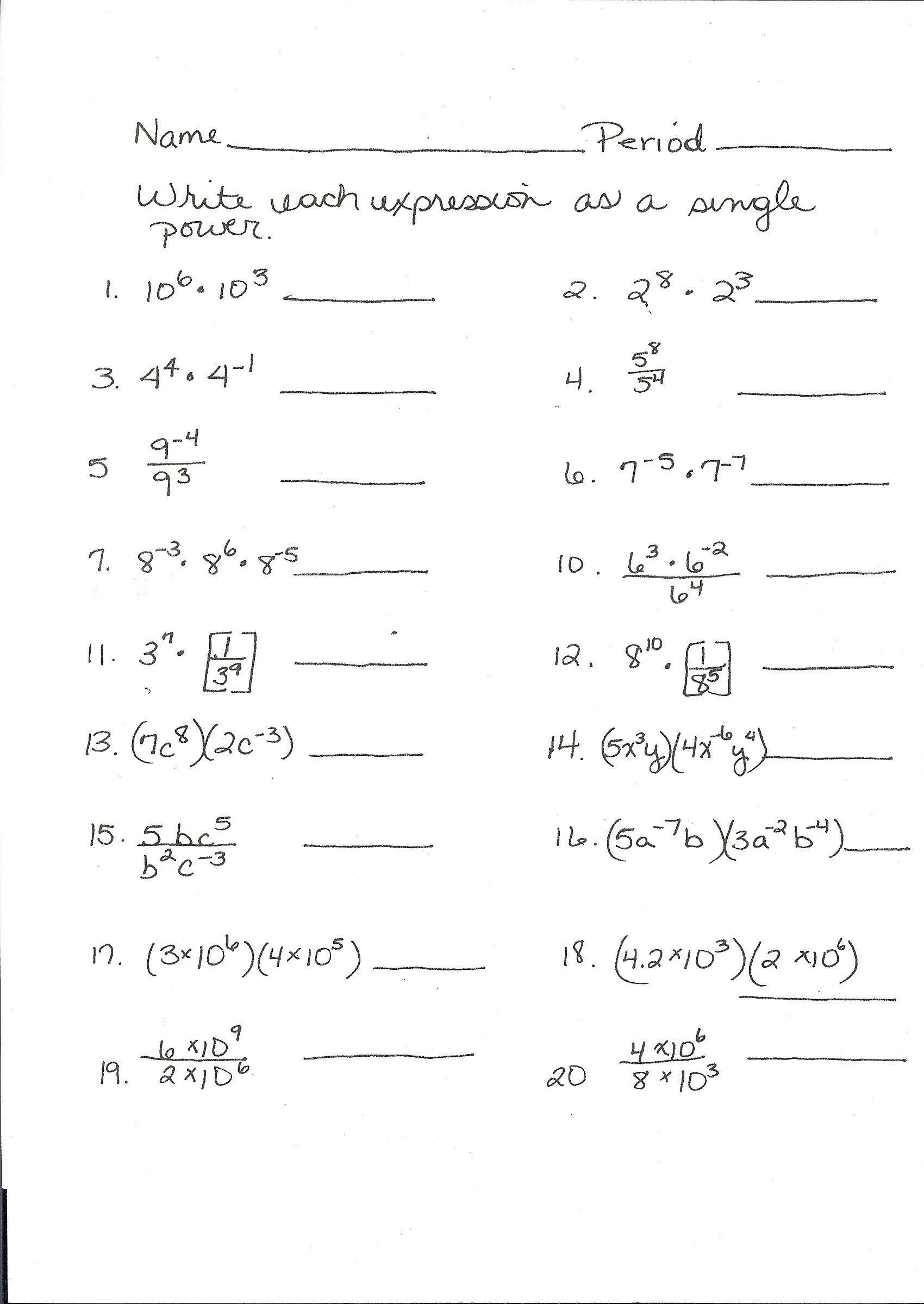 Exponents And Powers Worksheets For Class 7