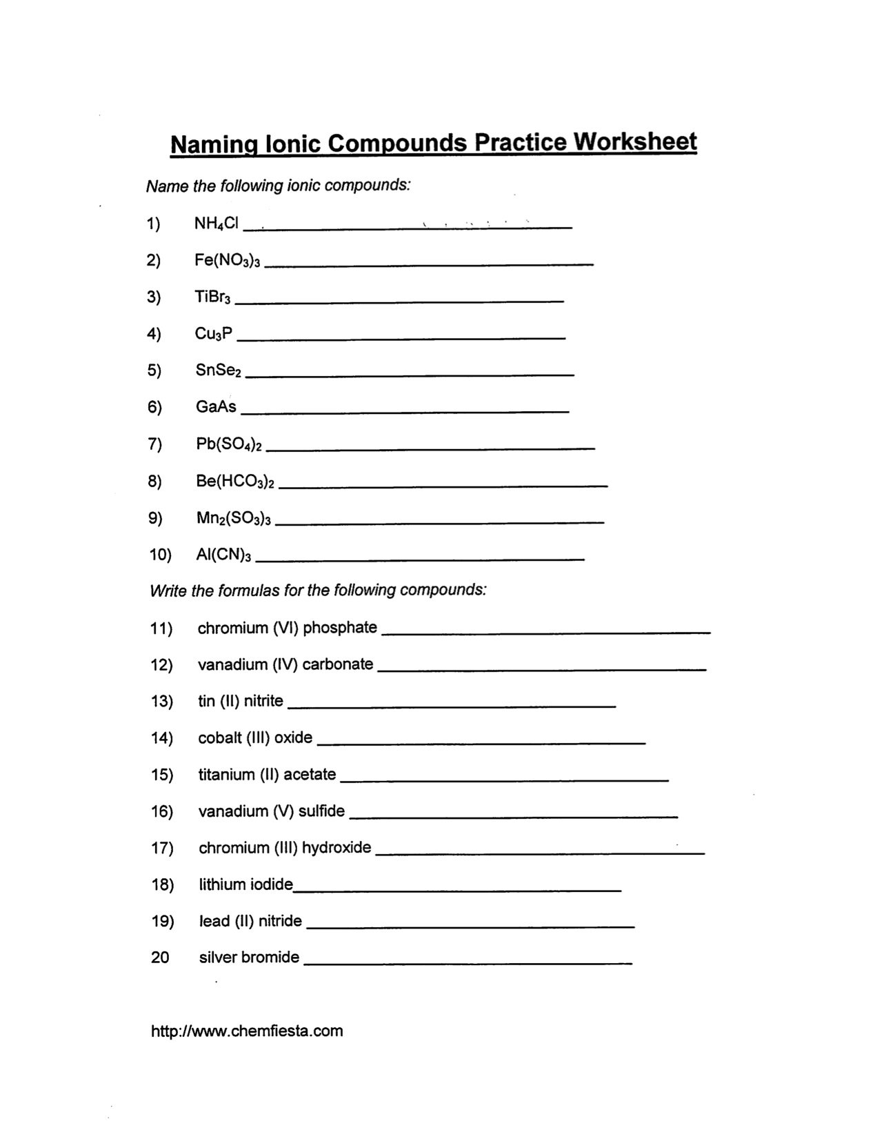 Formulas For Ionic Compounds Worksheet