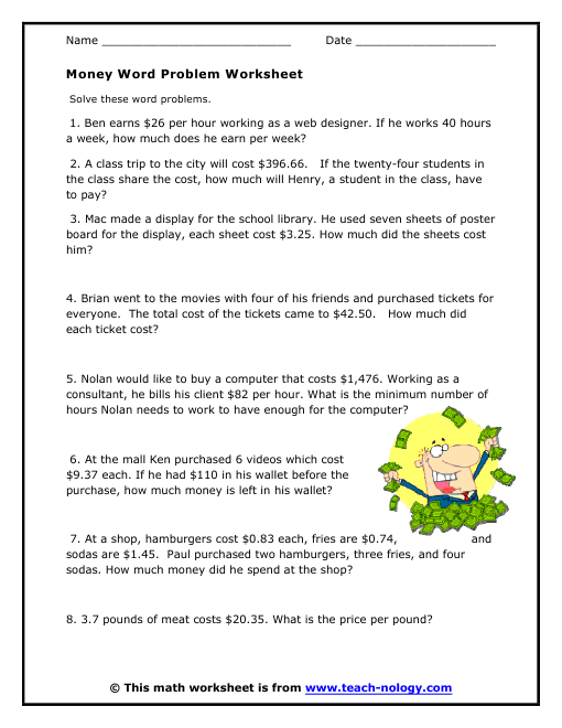 Free Math Worksheets Money Word Problems 63782