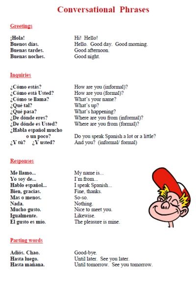 Free Printable Worksheet Spanish Conversational Phrases