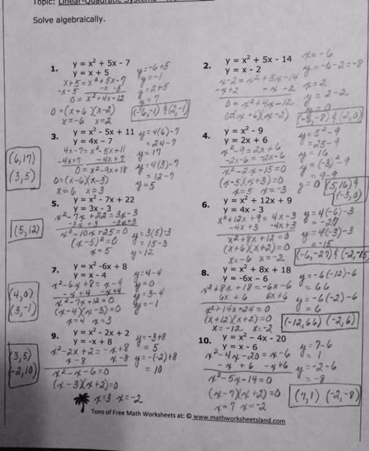 From Linear To Quadratic Worksheet  Linear Quadratic Systems Five