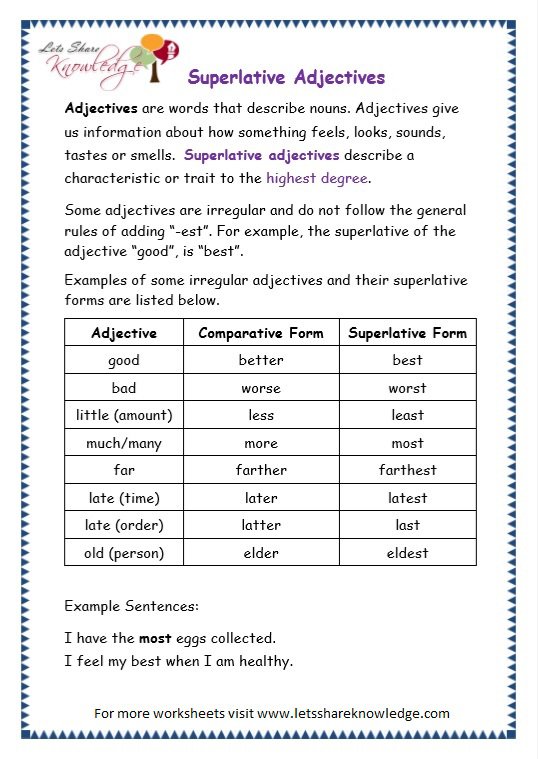 Grade 3 Grammar Topic 15  Superlative Adjectives Worksheets