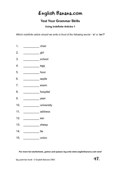 Impressive Worksheets Grammar Articles In Test Your Grammar Skills