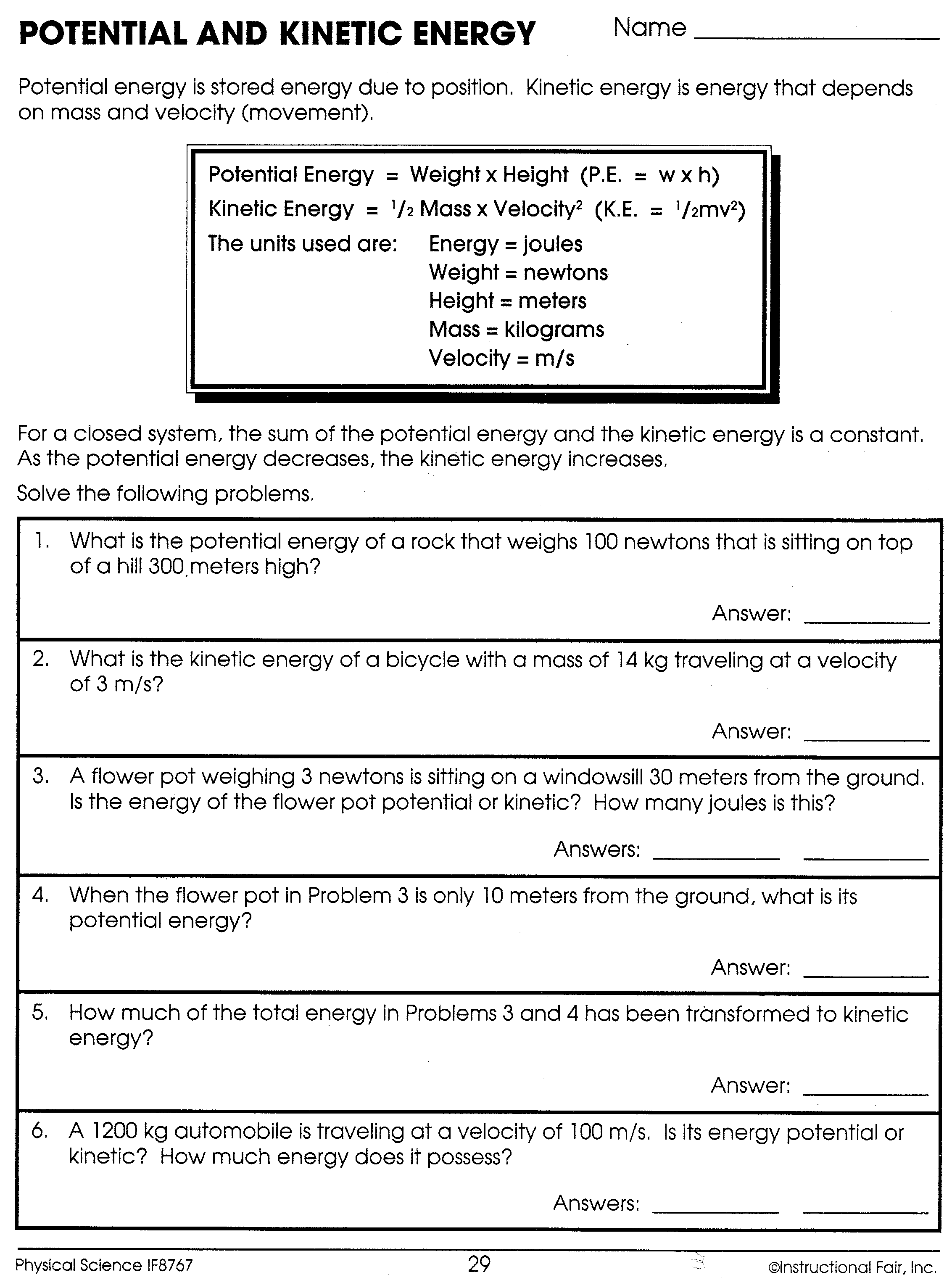 Kinetic And Potential Energy Worksheet With Answers 368772