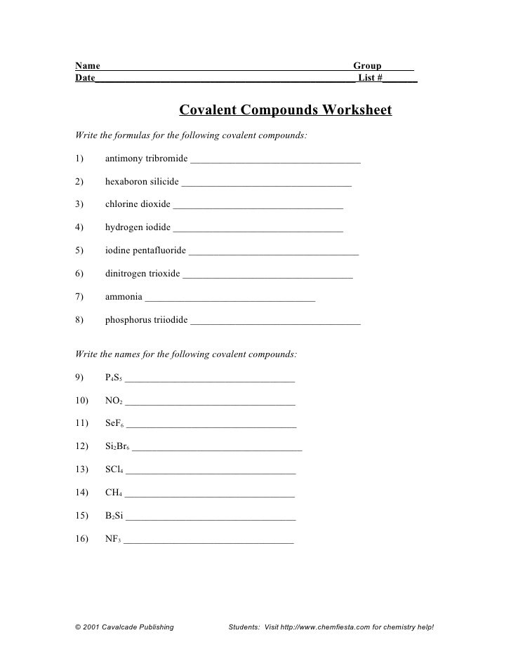 Naming Covalent Bonds Worksheets