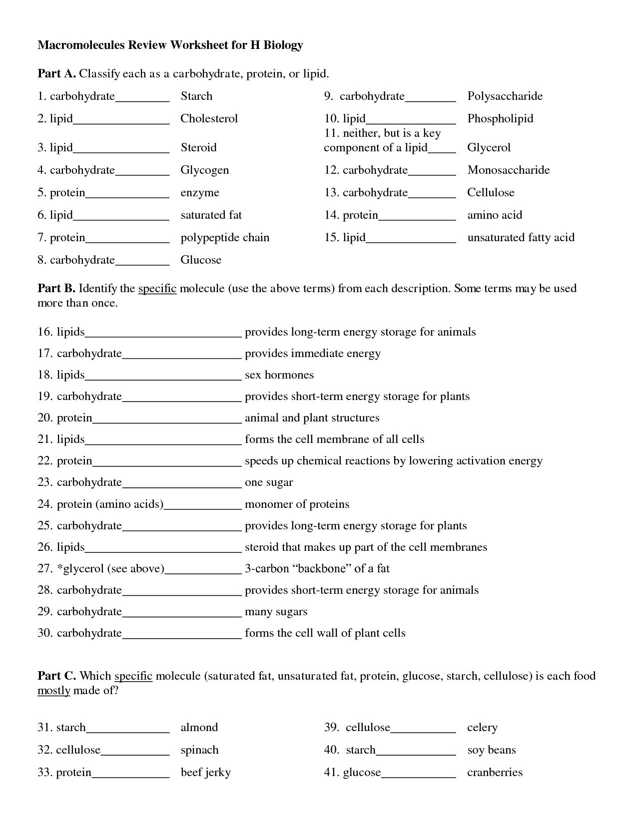 Macromolecules Worksheet Answer Key Unique Macromolecules | Free