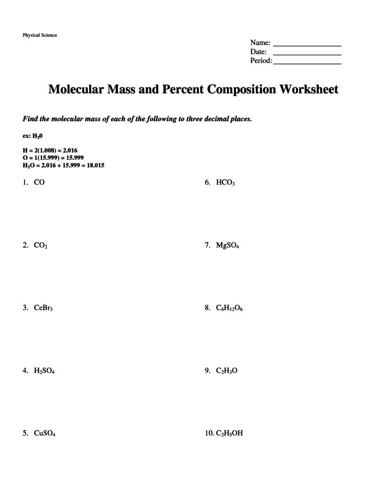 Mass Percent Composition Worksheet With Answers