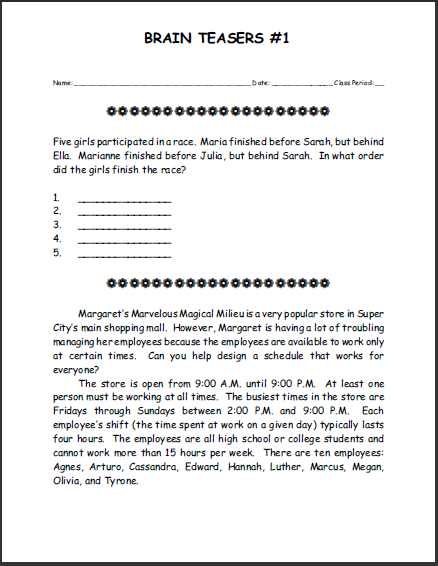 Math Brain Teasers Worksheets Pdf 183456