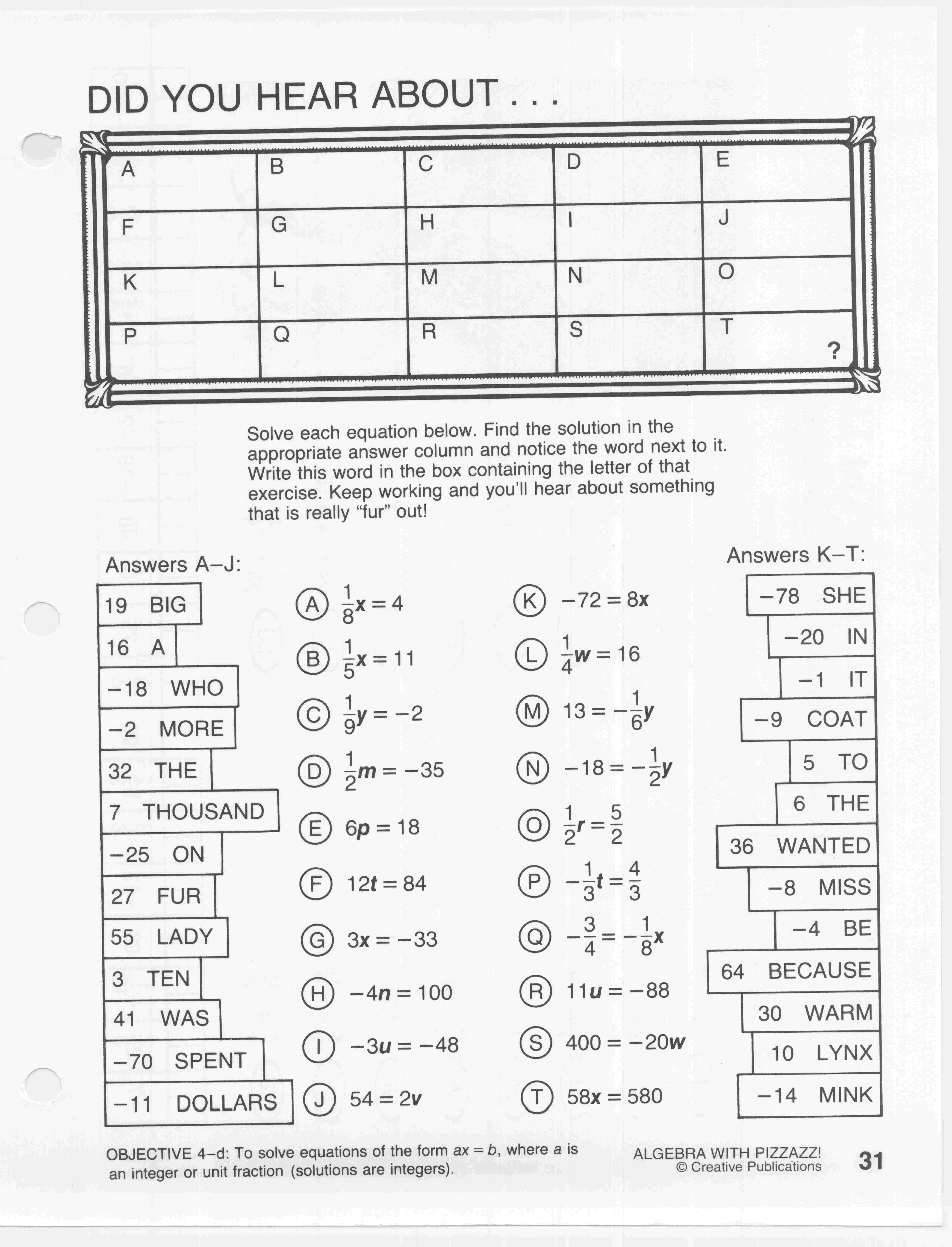 Math Jokeeet Did You Hear About Answer Key Pre Algebra With