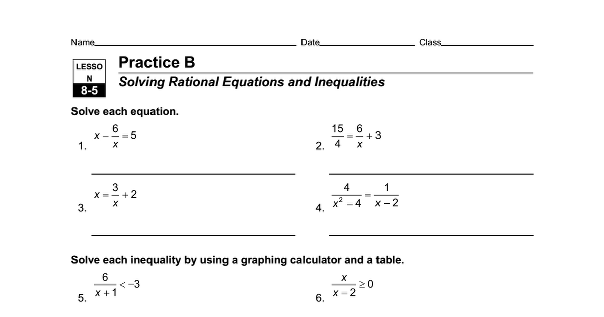 Math Worksheets Equations And Inequalities 303848