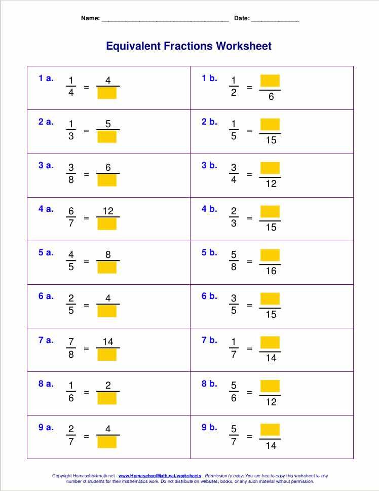 Math Worksheets For Grade 5 Equivalent Fractions 716912