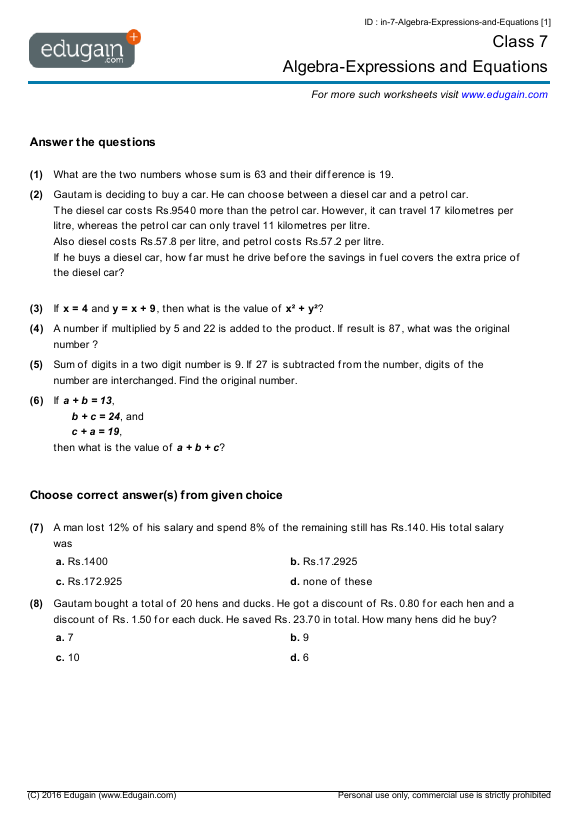 Maths Worksheets Year 7 Algebra