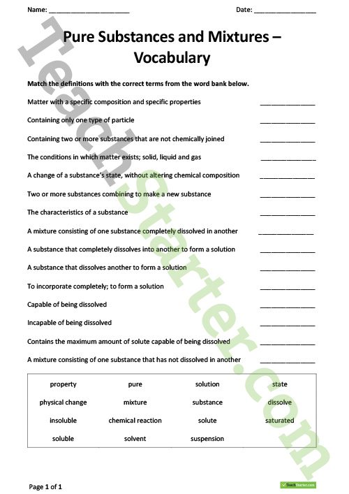 Mixtures Worksheet Pure Substances And Mixtures Vocabulary