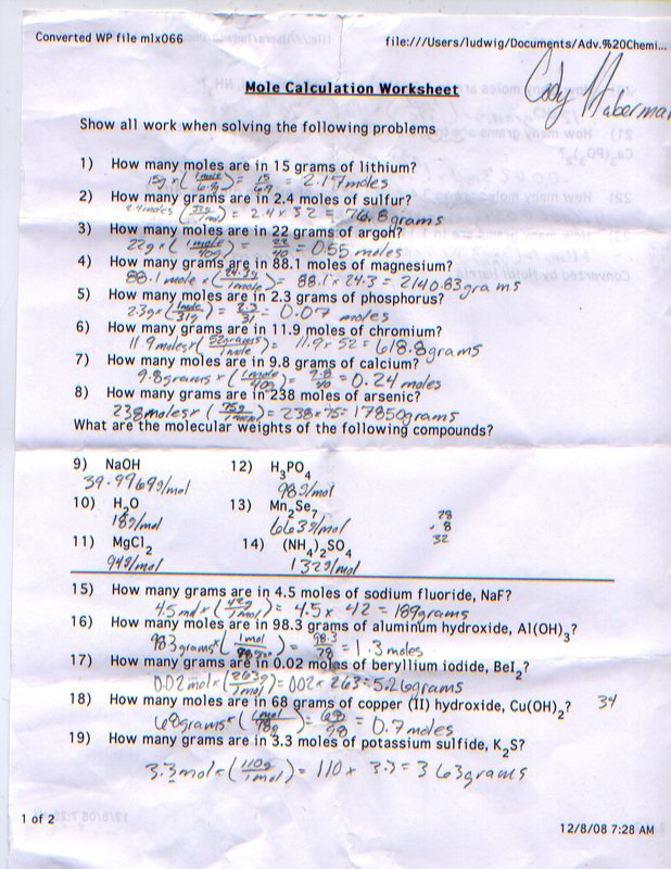 Mole Calculation Worksheet Answers With Work Mole Calculation